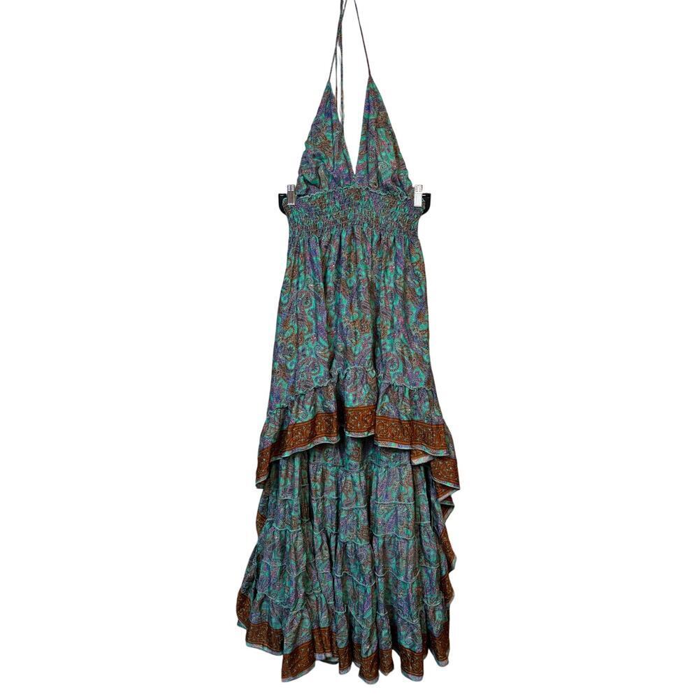 Zury Silk Blend Boho Maxi Dress Paisley Halter High Low Tiered Gypsy Free Size